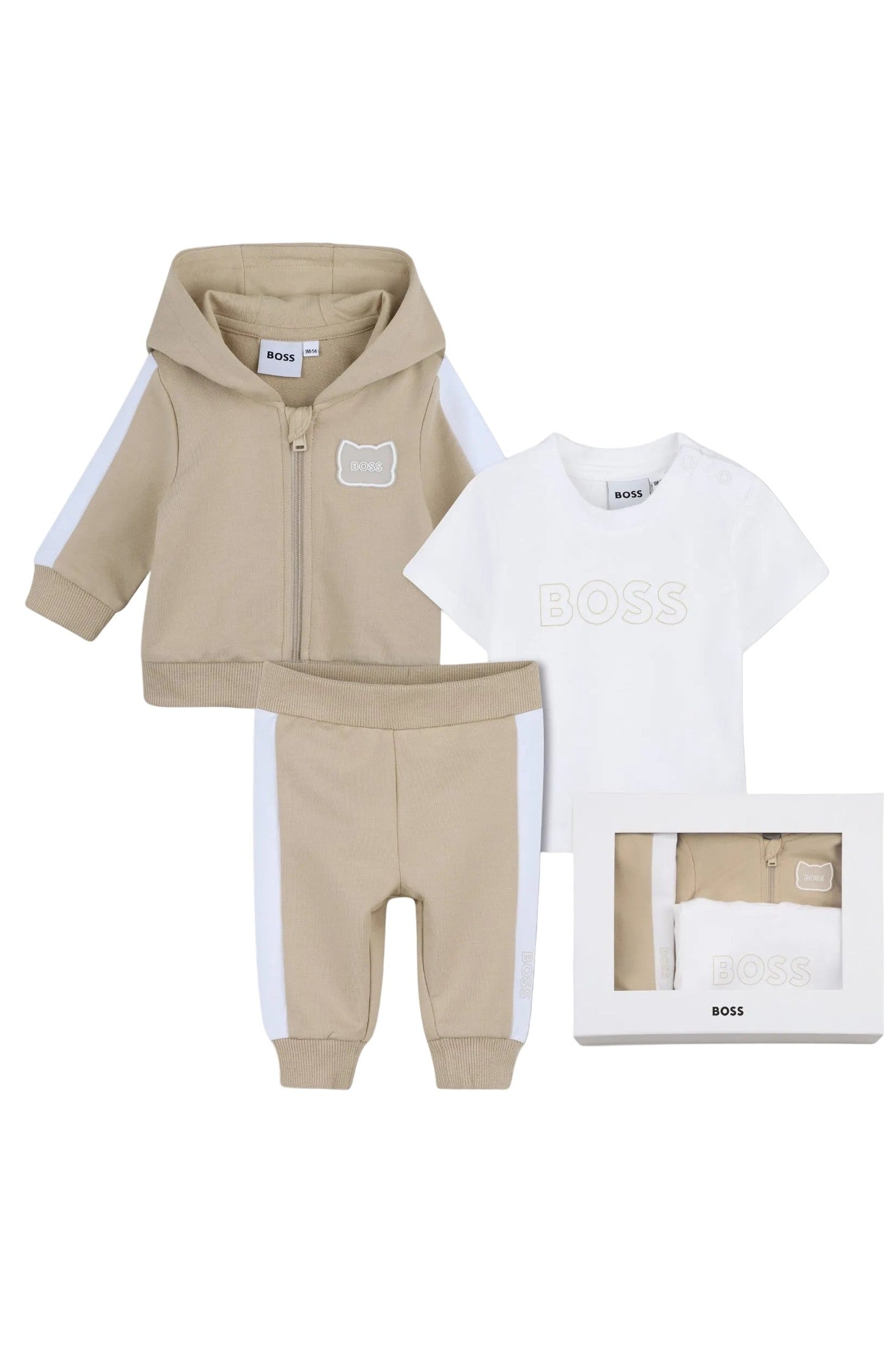 Beige hoodie and pants set with a white shirt, both featuring the BOSS brand, on a white background.