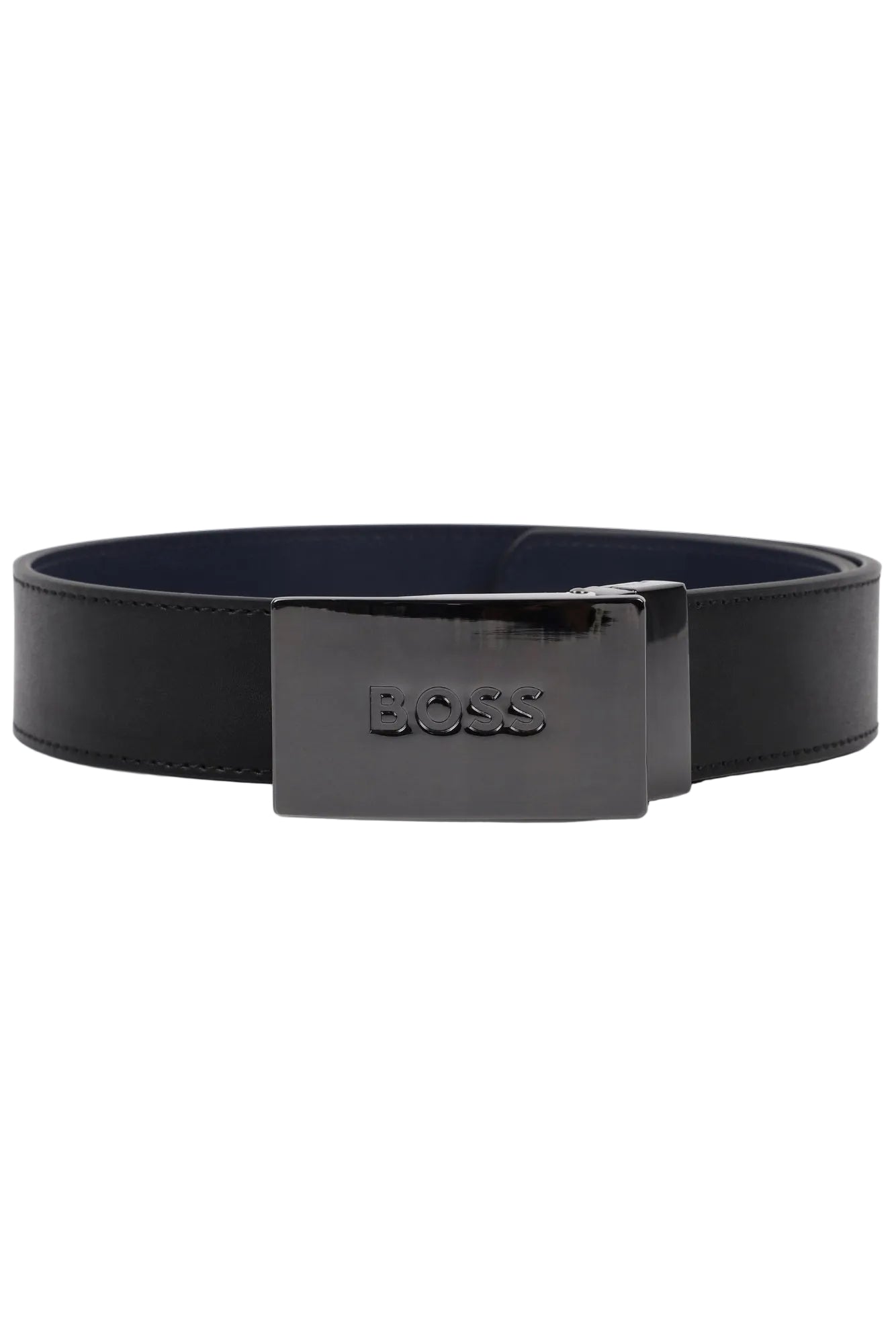 Black belt with a glossy buckle on a white background