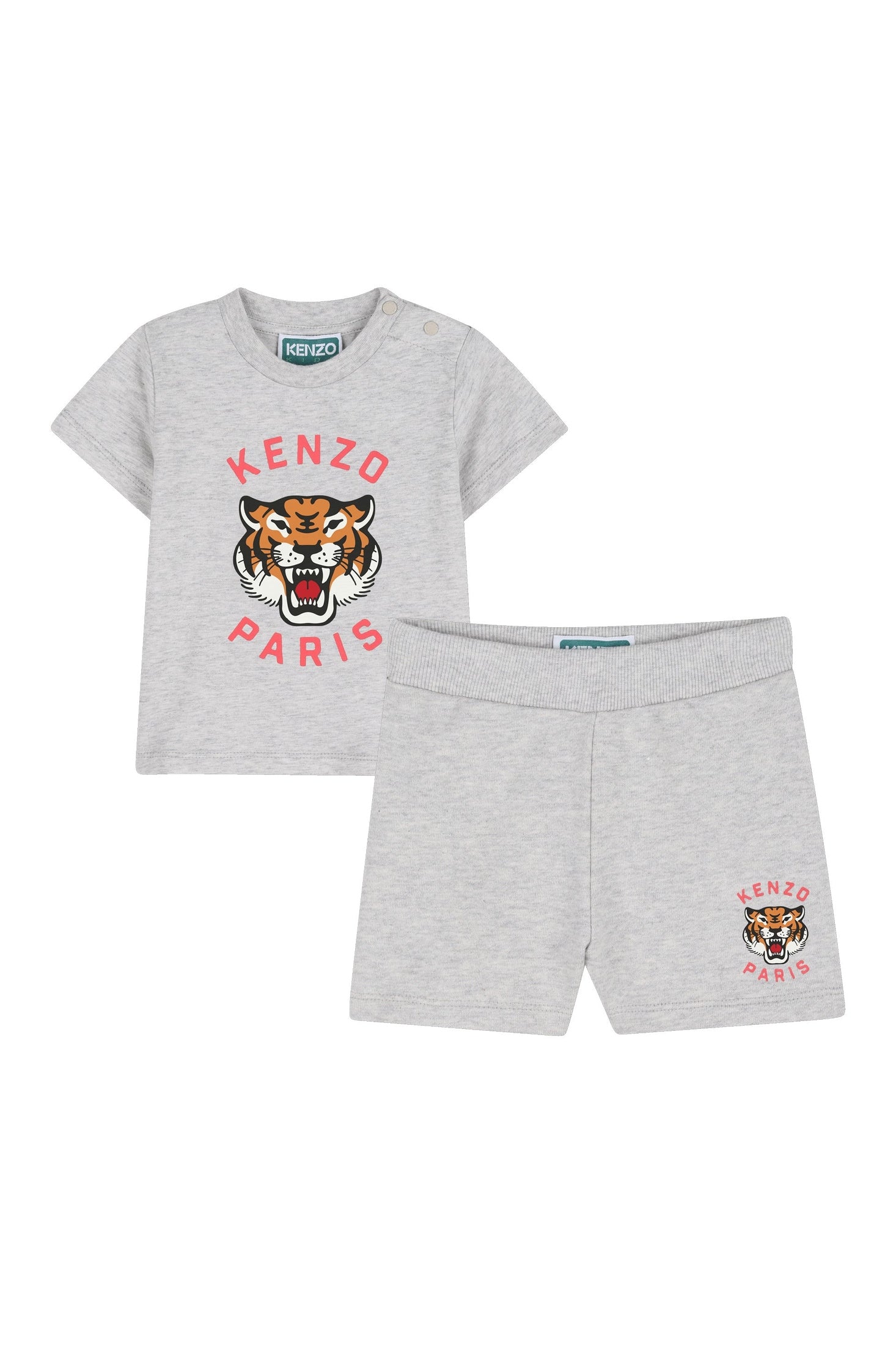 Gray t-shirt and shorts set with Kenzo tiger logo on a white background