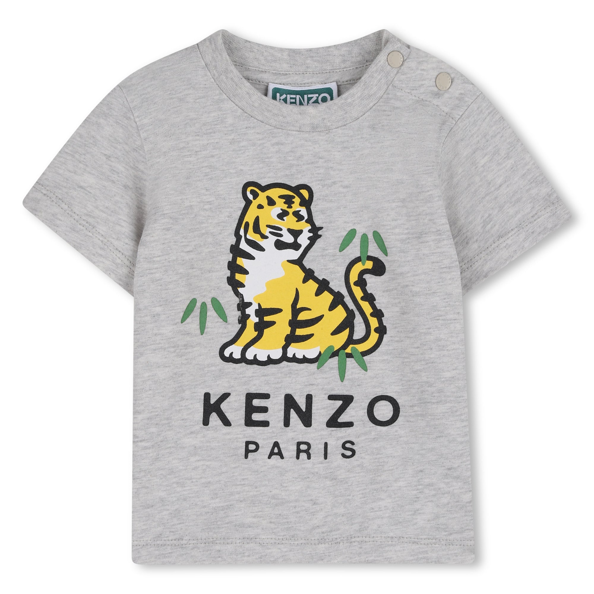 Gray t-shirt with a tiger graphic and Kenzo branding on a white background