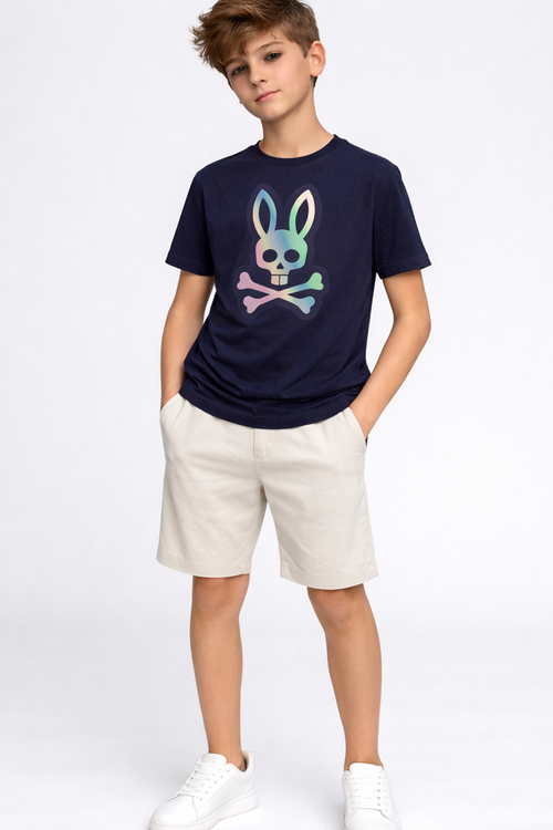 Child wearing a navy black t-shirt with a colorful graphic design on a white background
