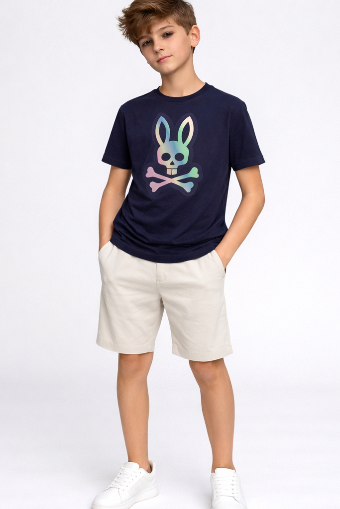 Child wearing a navy black t-shirt with a colorful graphic design on a white background