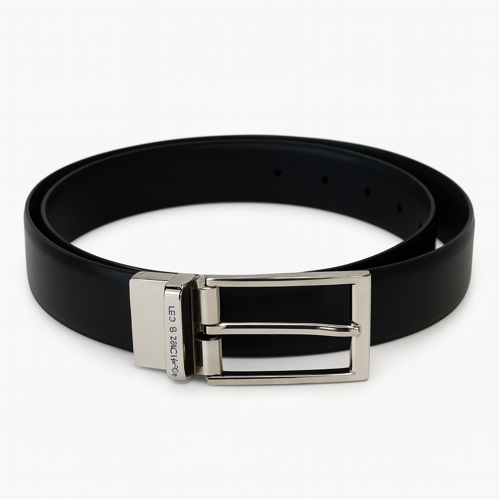 Black leather belt with a silver buckle on a white background