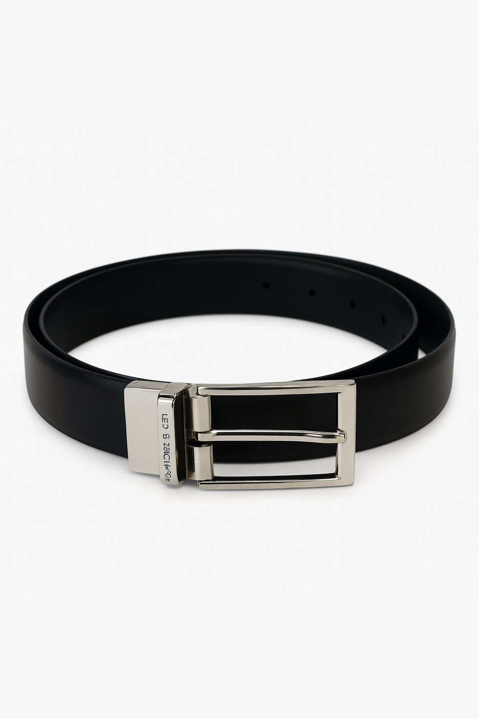 Black leather belt with a silver buckle on a white background