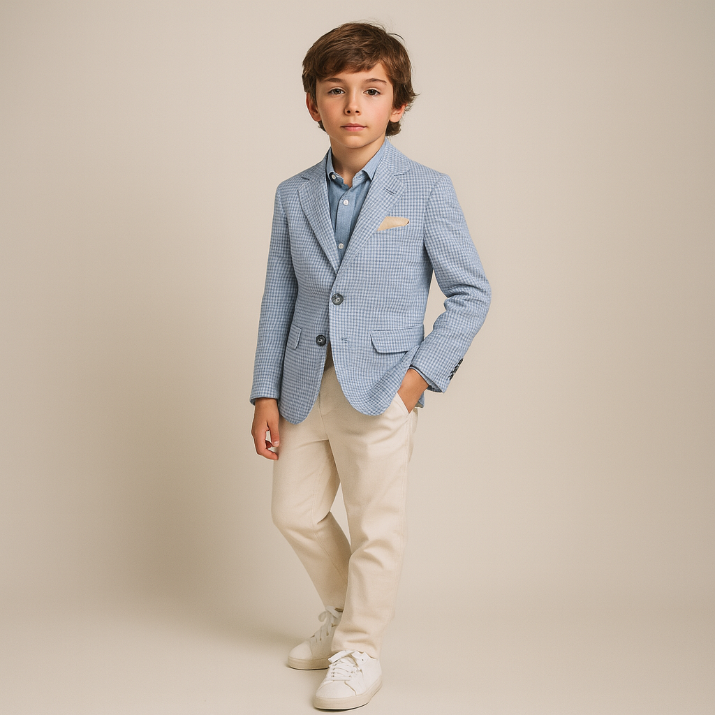 Leo & Zachary Boys Slim Blue Sand Houndstooth Blazer_ BLZ5864