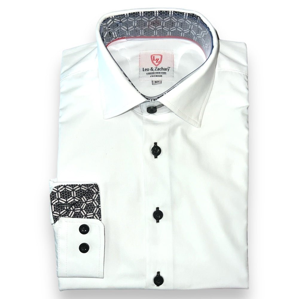 Leo & Zachary Boys White w/ Black Non - Iron Dress Shirt_ P5527 - NorthBoys