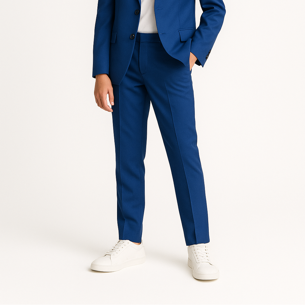 Person wearing a blue suit with a white shirt on a white background
