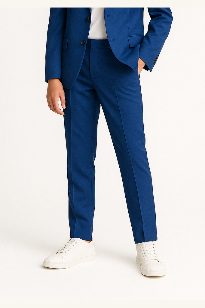 Person wearing a blue suit with a white shirt on a white background