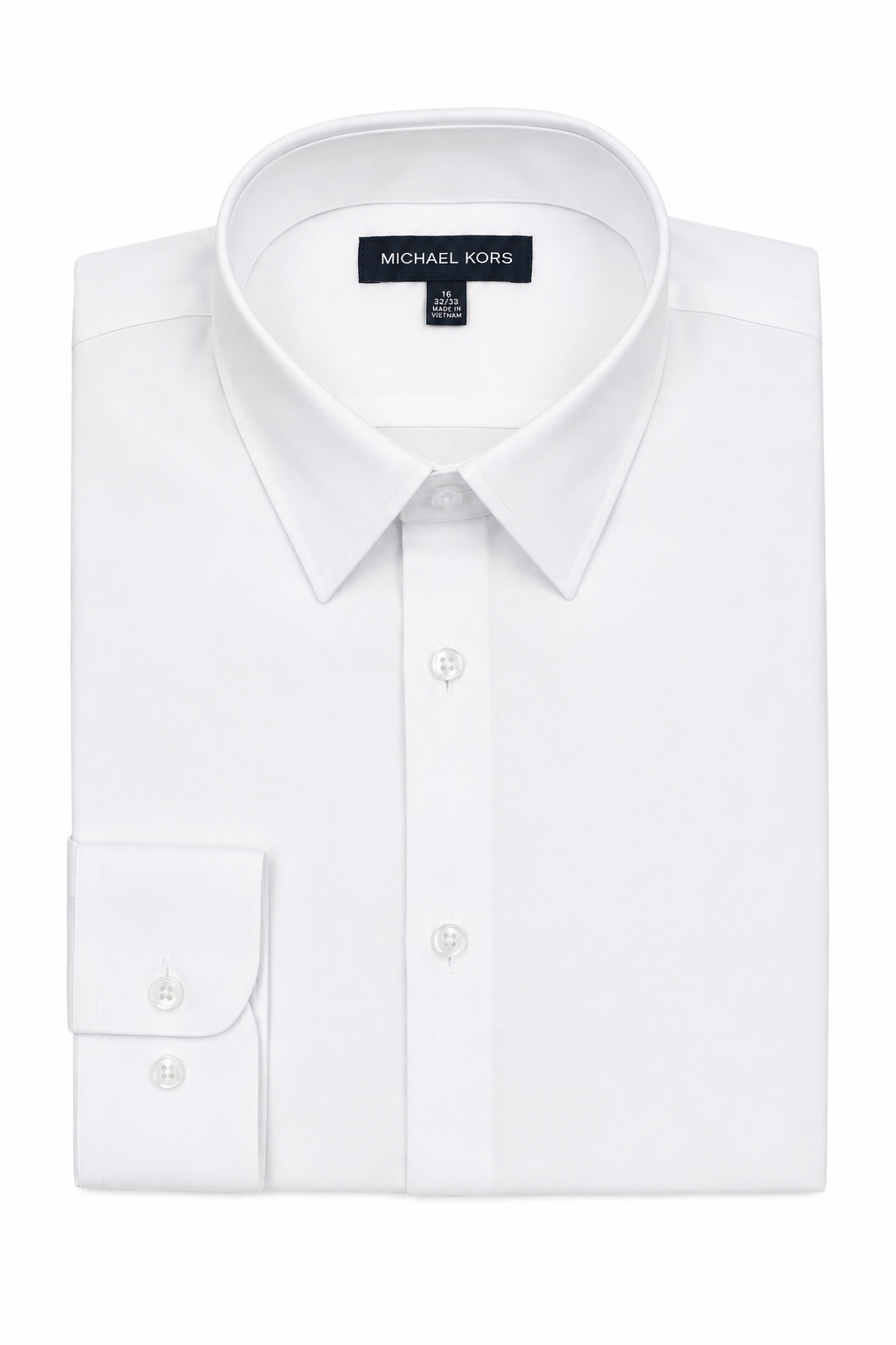 A folded white Michael Kors dress shirt with a pointed collar, button front, and a single-button cuff, shown on a plain white background.