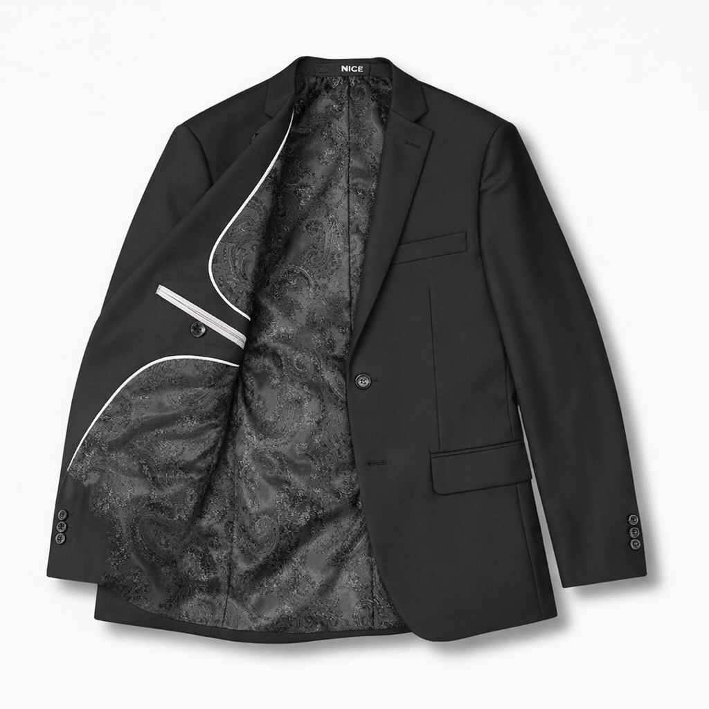 Black blazer with patterned lining on a white background