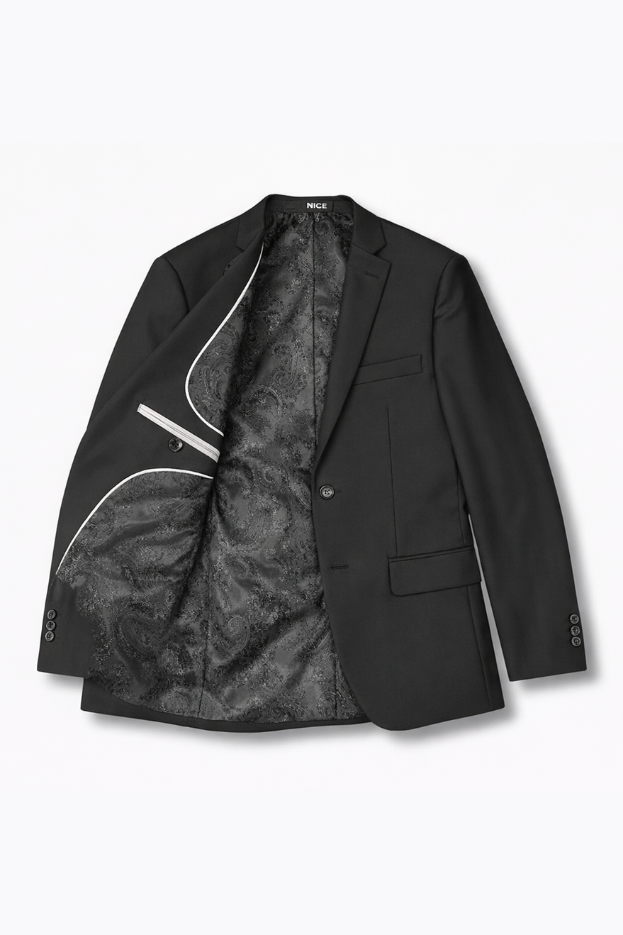 Black blazer with patterned lining on a white background