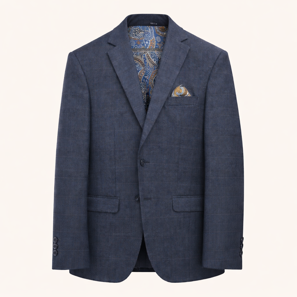 Blue suit jacket with patterned shirt and pocket square on a white background