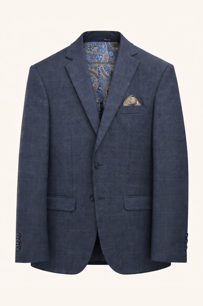 Blue suit jacket with patterned shirt and pocket square on a white background