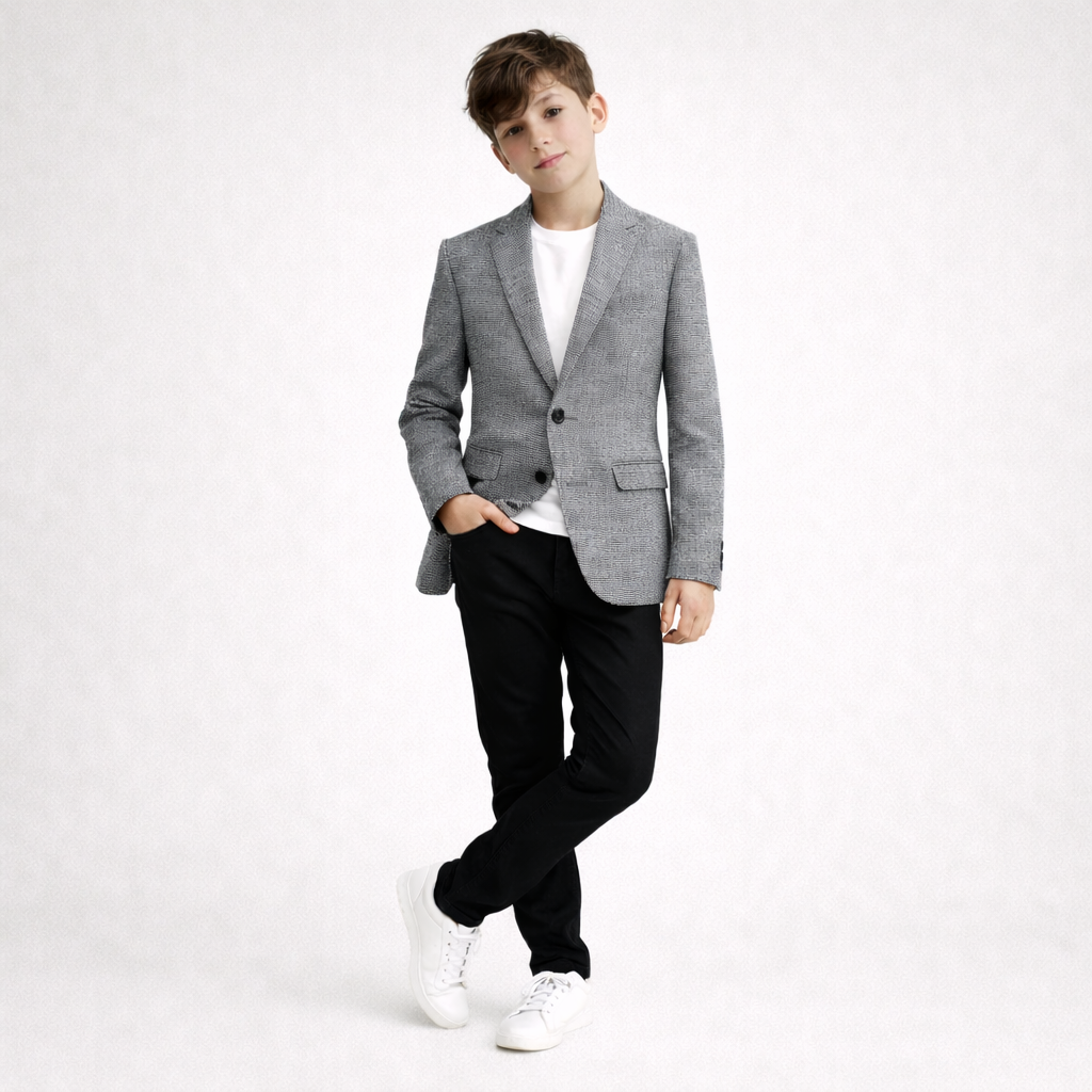 Person wearing a gray blazer, white shirt, black pants, and white sneakers on a white background