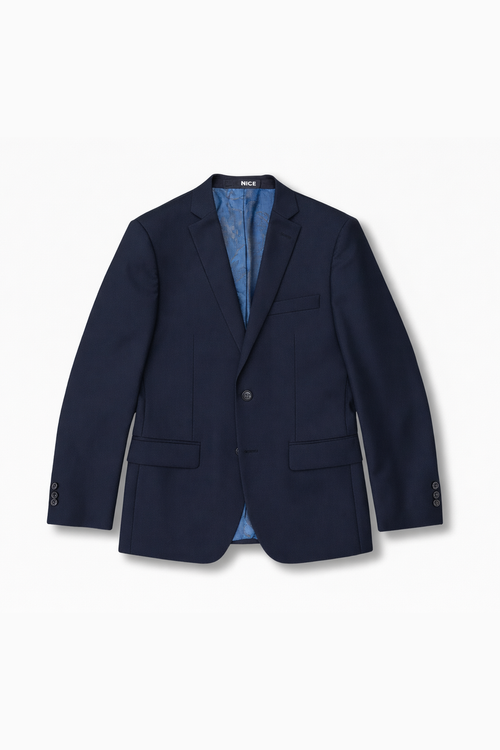 Black blazer with blue lining on a white background