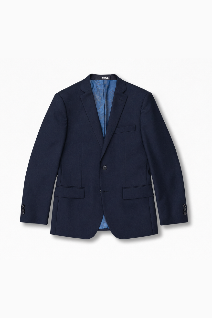 Black blazer with blue lining on a white background