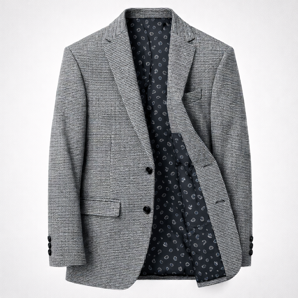 Gray checkered blazer with patterned lining on a white background