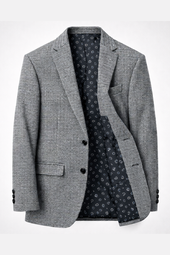 Gray checkered blazer with patterned lining on a white background