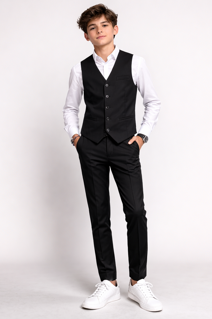 Person wearing a black vest over a white shirt with black pants on a white background