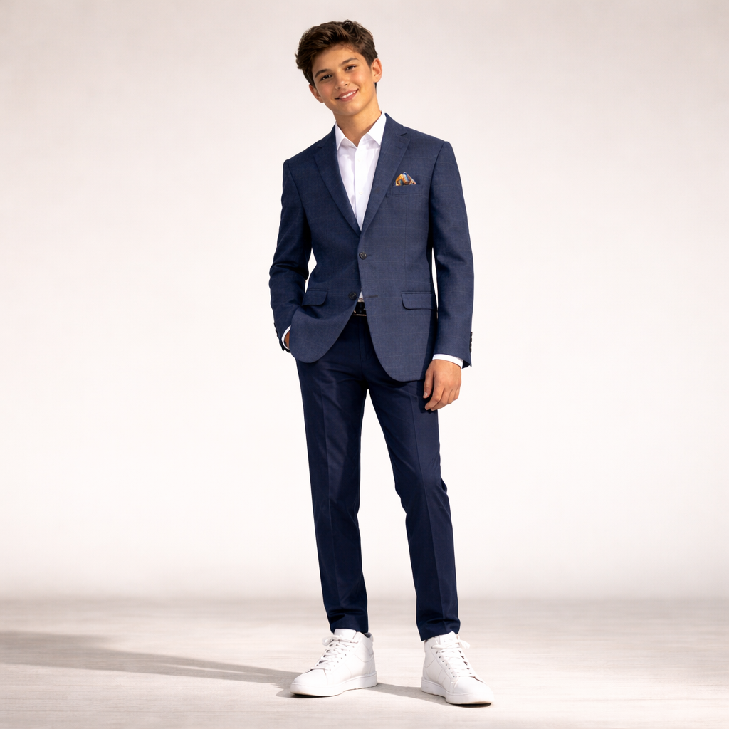 Young man wearing a navy suit with white shirt and white sneakers on a light gray background