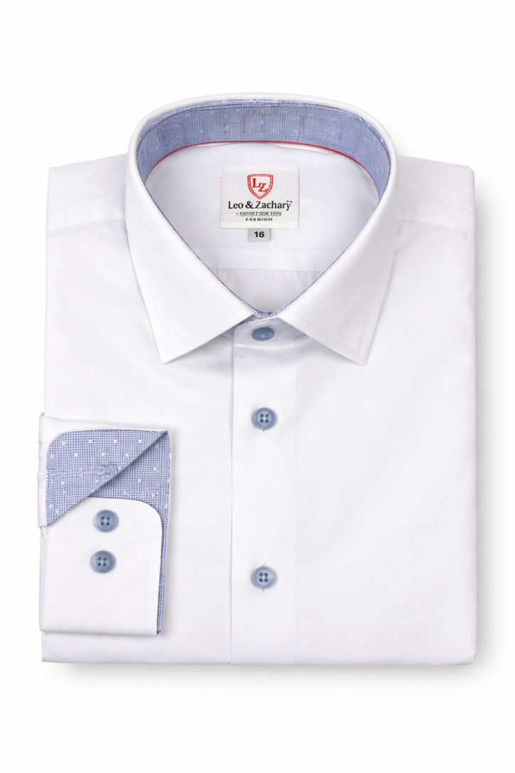 White dress shirt with blue accents and collar, featuring a brand label on a white background.