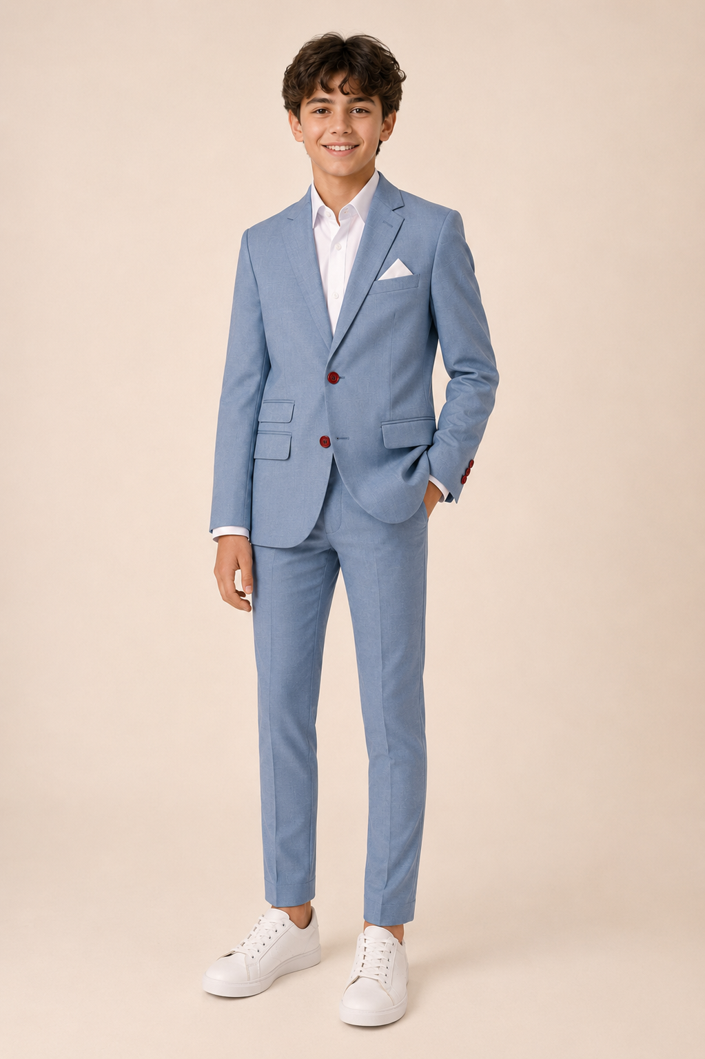Boy wearing a light blue suit with a white shirt and white sneakers on a beige background