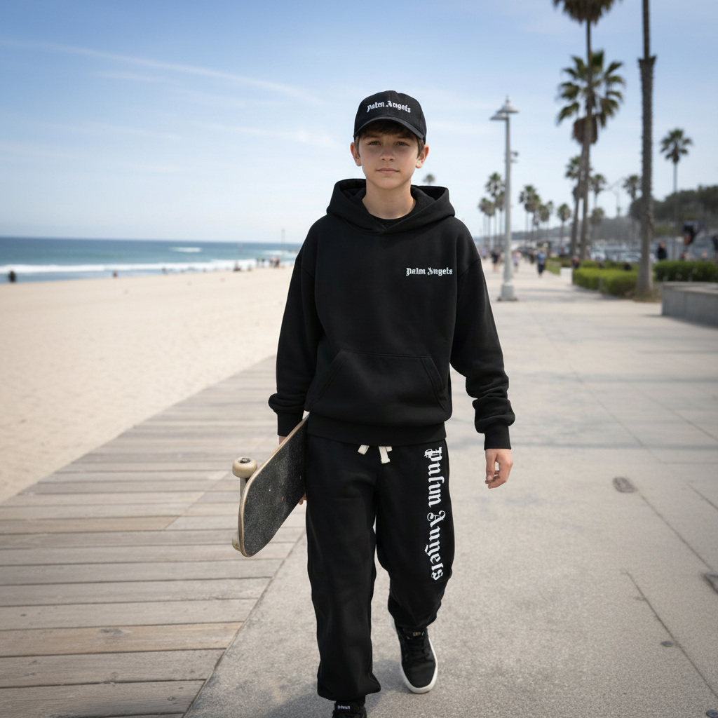 Person wearing Palm Angels hoodie and pants on a beach boardwalk