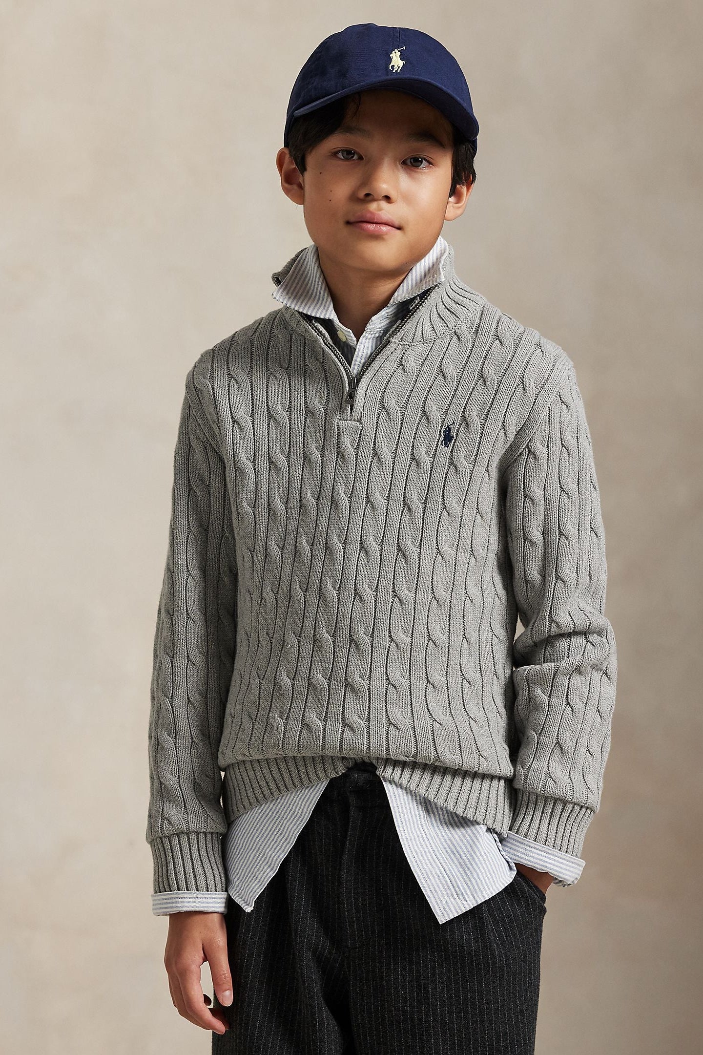Polo Ralph Lauren Boys Cable-Knit Cotton Quarter-Zip Sweater grey