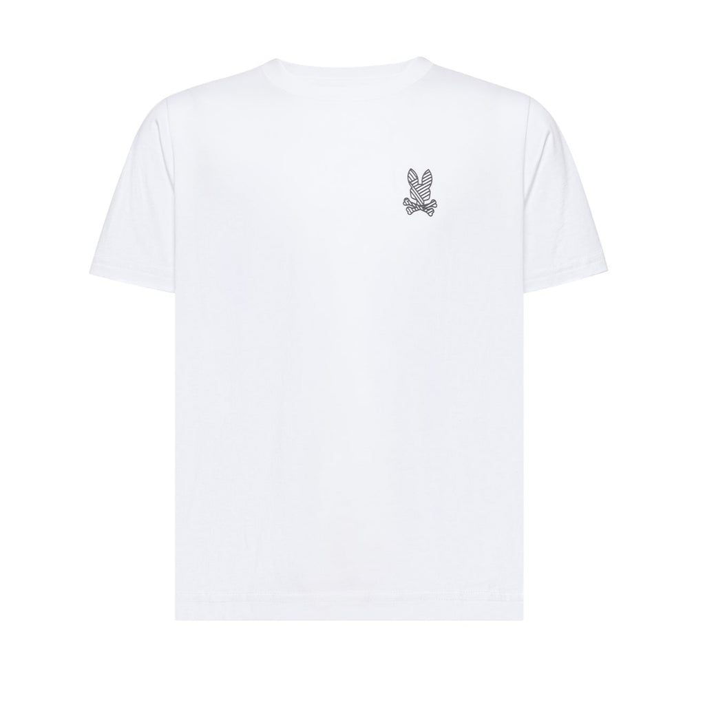 White t-shirt with a small logo on the chest against a white background