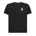 Black t-shirt with a white logo on a white background