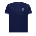 Navy blue t-shirt with a small logo on the chest against a white background