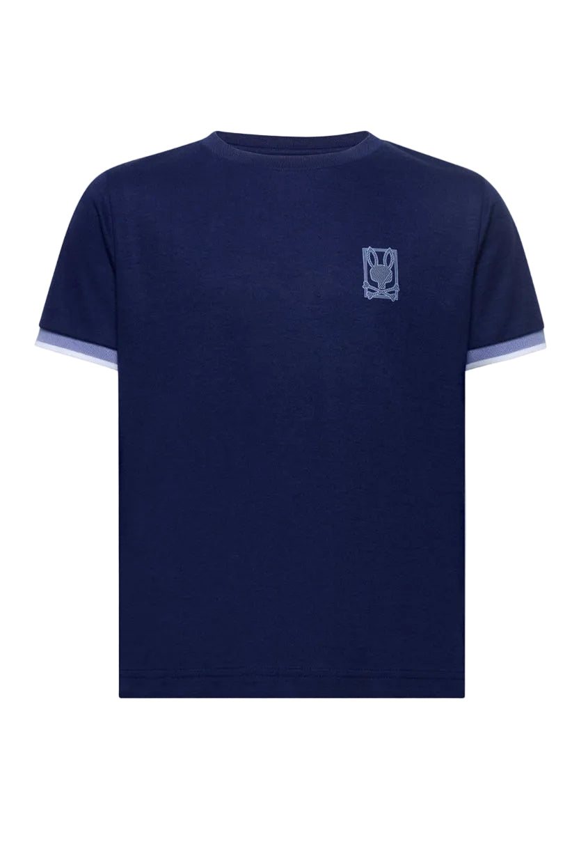 Navy blue t-shirt with a small logo on the chest against a white background