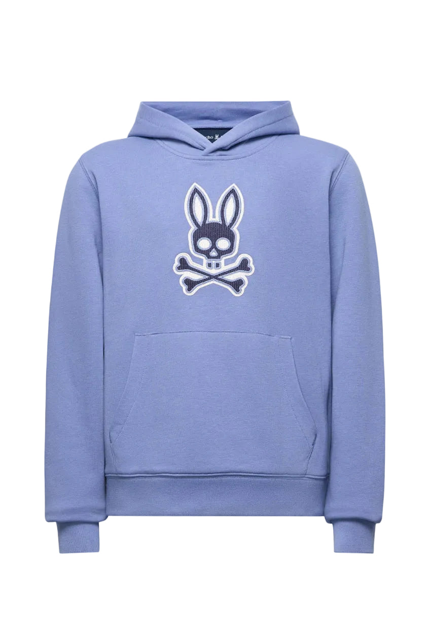 Blue hoodie with a graphic design on a white background