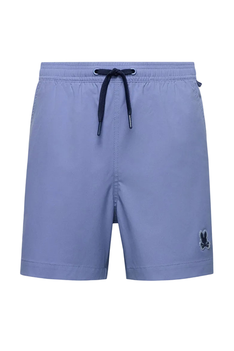 Light blue shorts with a black drawstring and logo on a white background