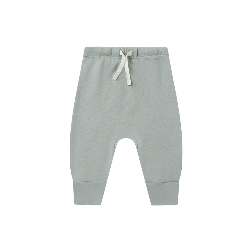 Gray baby pants with a white drawstring on a white background