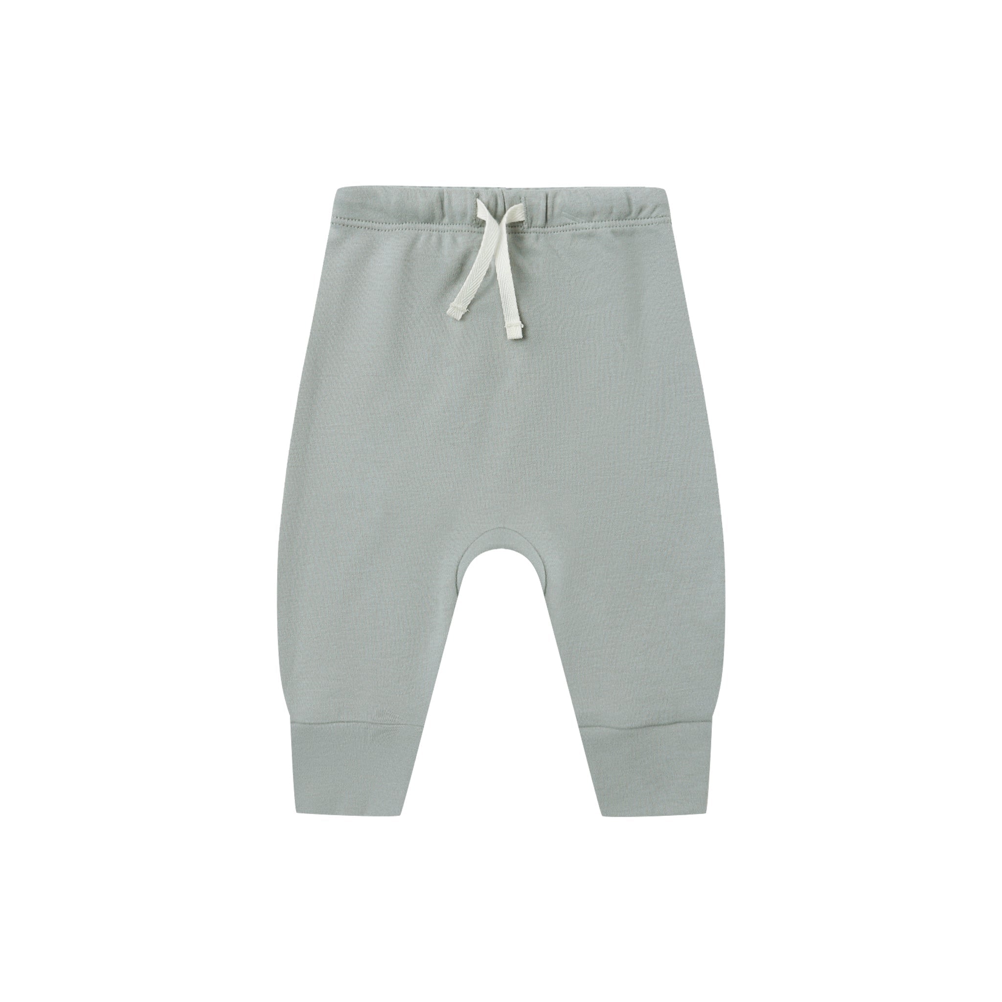 Gray baby pants with a white drawstring on a white background