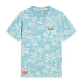 Light blue t-shirt with white pattern on a white background
