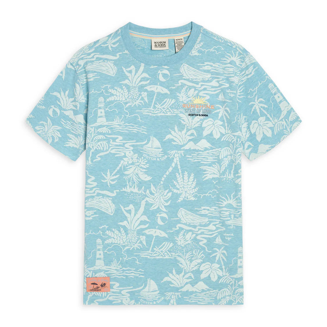 Light blue t-shirt with white pattern on a white background