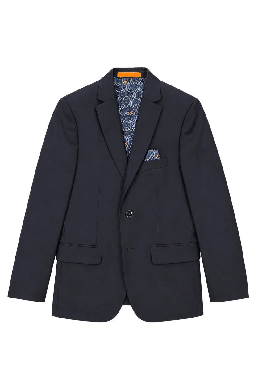 A dark navy blue blazer with a single button closure, displayed flat against a white background. It features a patterned blue and gold pocket square and lining visible inside the collar.