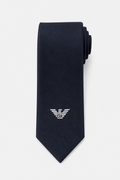Navy blue tie with a logo on a white background