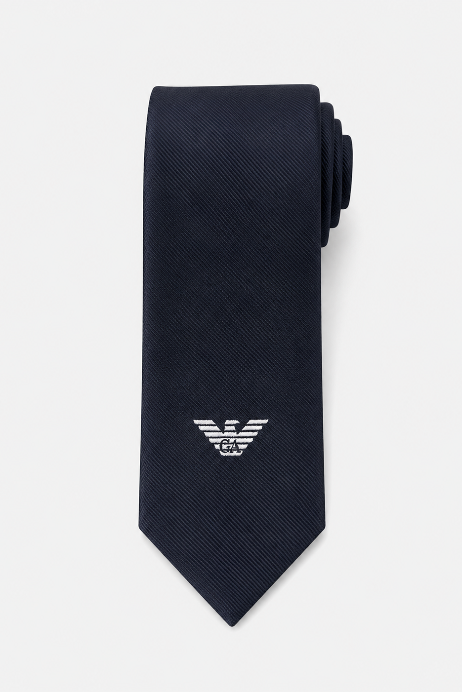 Navy blue tie with a logo on a white background