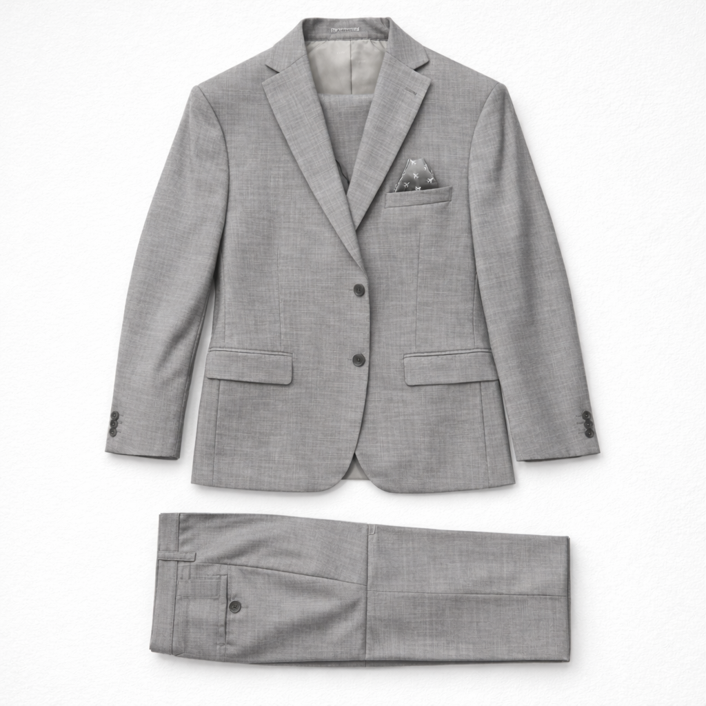 Gray checkered suit jacket and pants on a white background