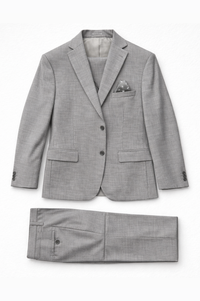 Gray checkered suit jacket and pants on a white background