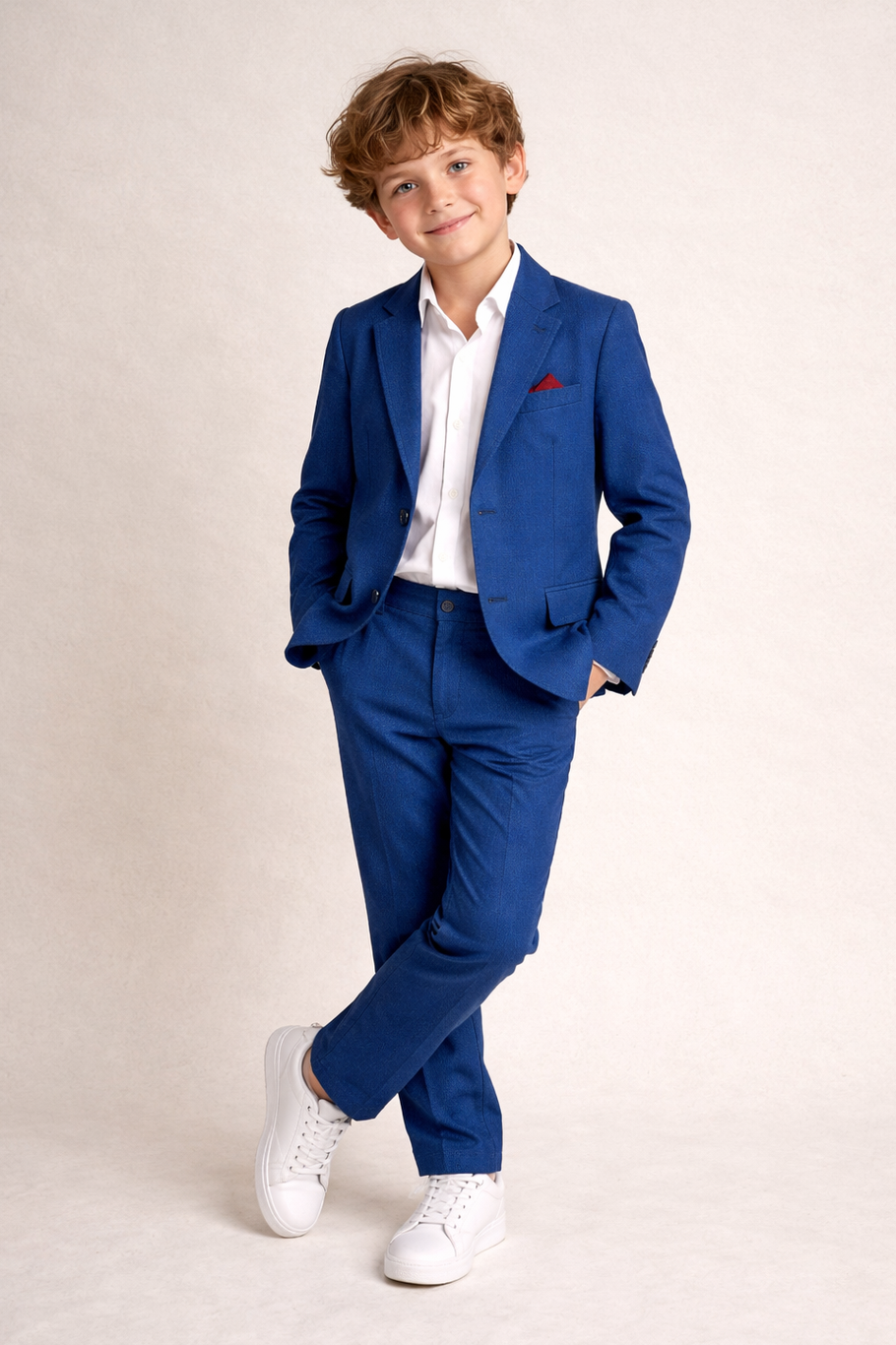 Young boy wearing a blue suit with a white shirt and white sneakers on a beige background