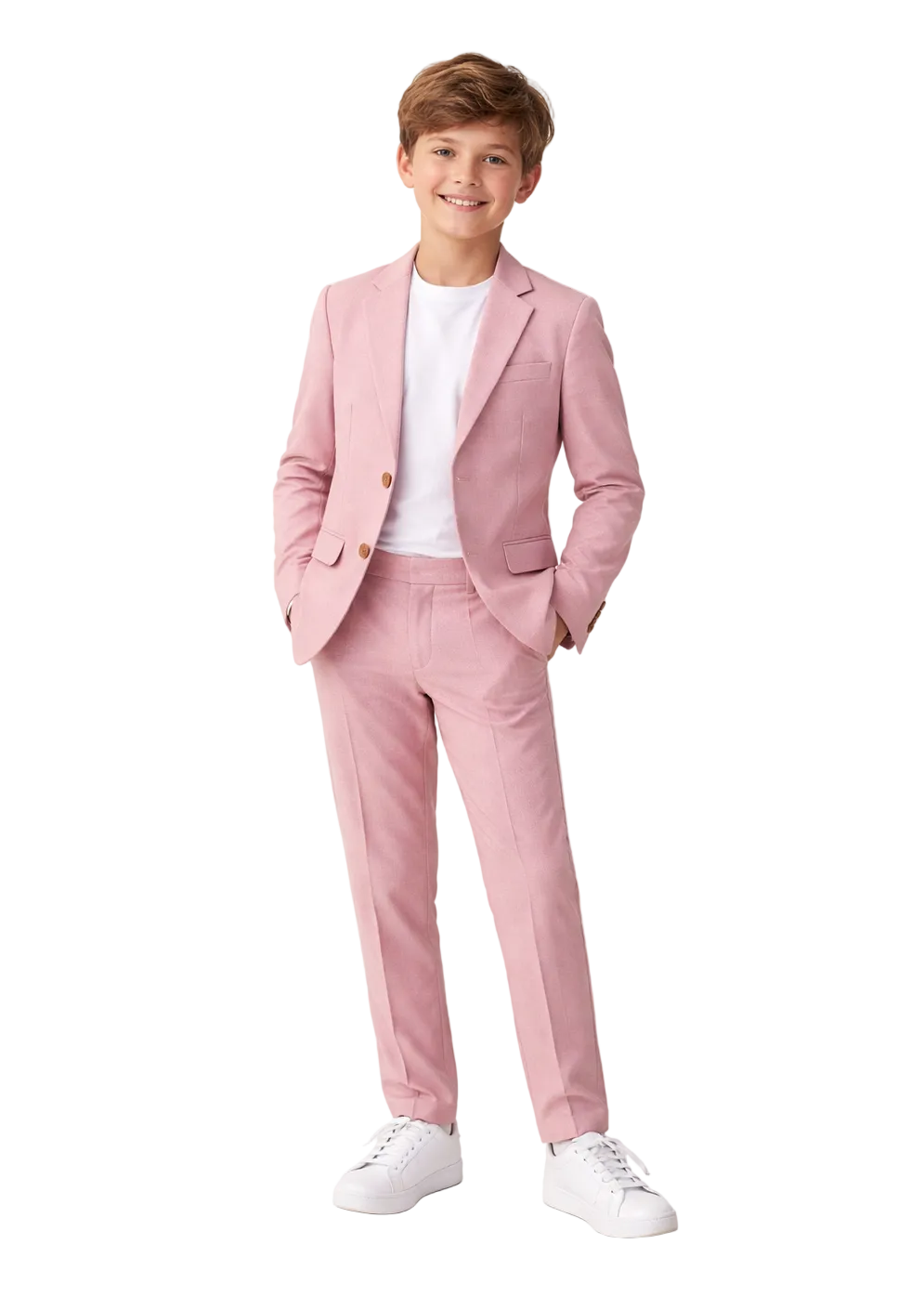 Young boy wearing a pink suit with a white shirt on a light background
