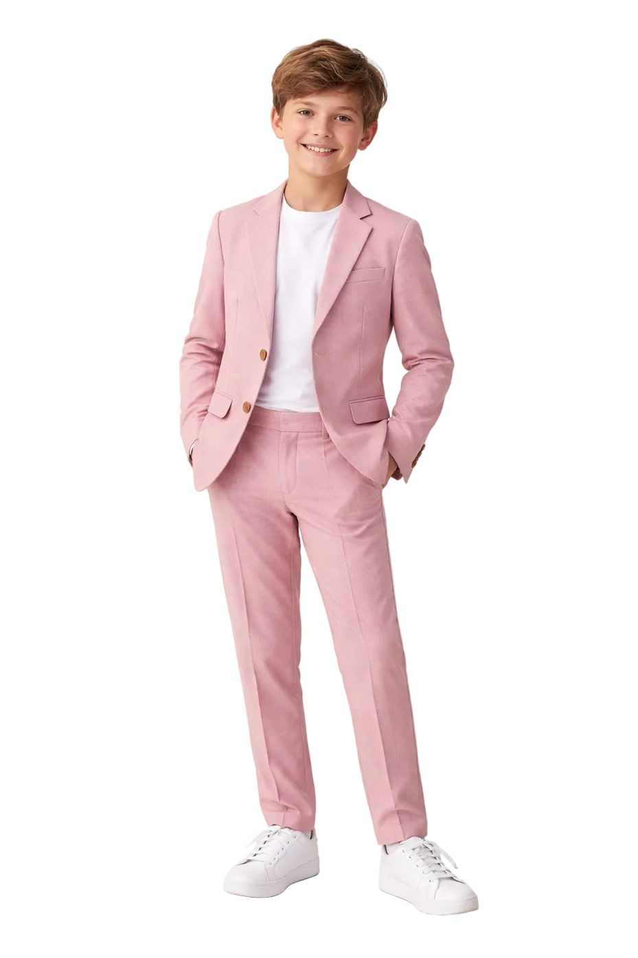 Young boy wearing a pink suit with a white shirt on a light background