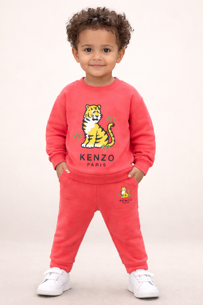 Child wearing a red Kenzo outfit with a tiger design on a beige background