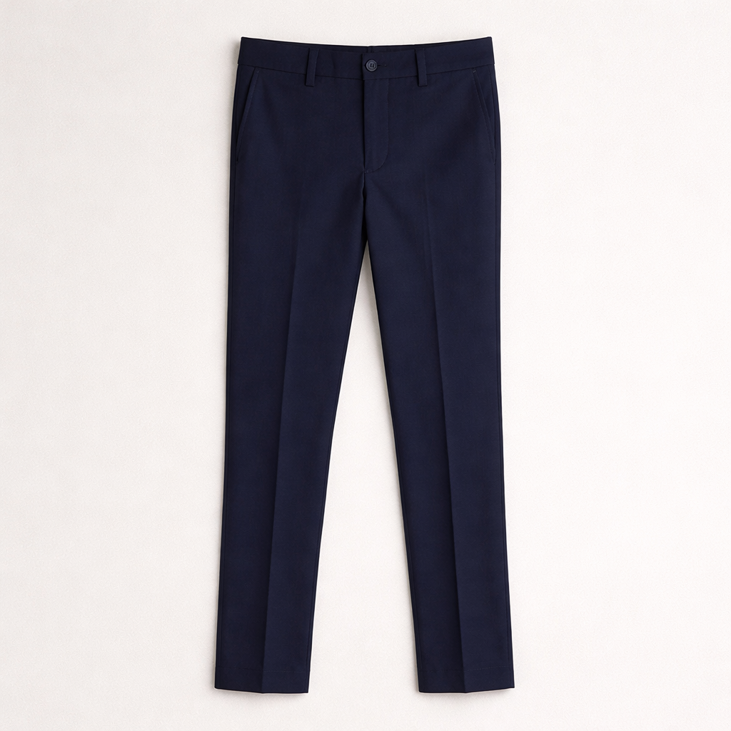 Navy blue dress pants on a white background