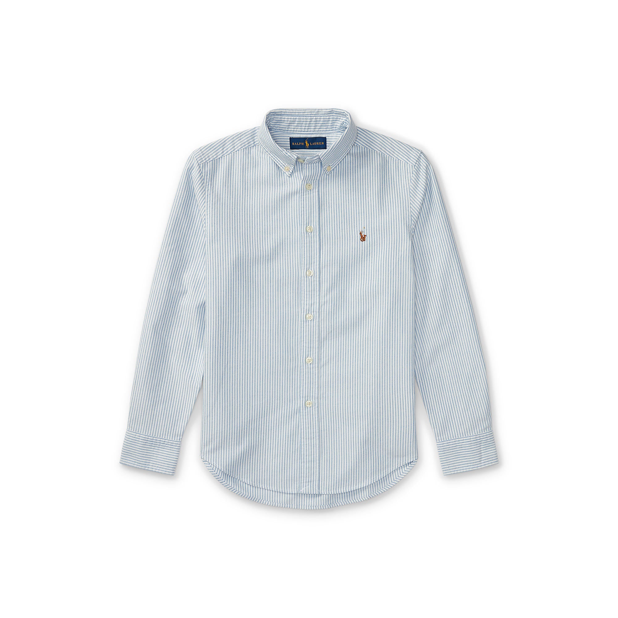 Light blue striped shirt with a brand logo on a white background