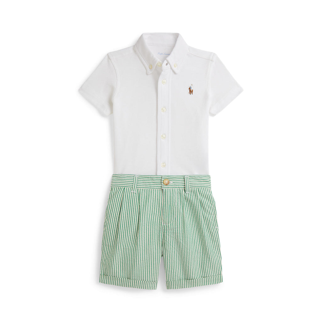 White shirt with a small logo and green striped shorts on a white background